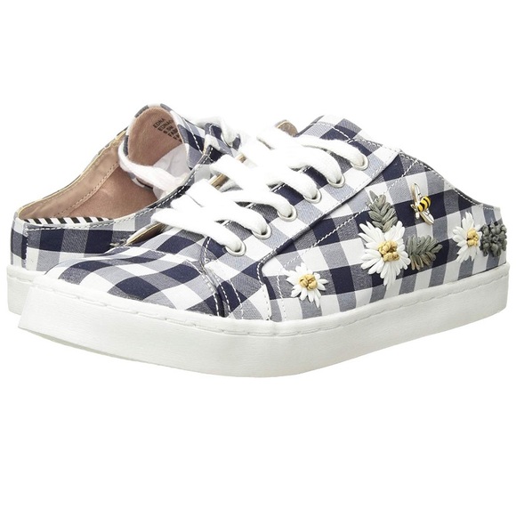 NIB Betsey Johnson blue plaid slide sneakers Sz 8 - Picture 1 of 5